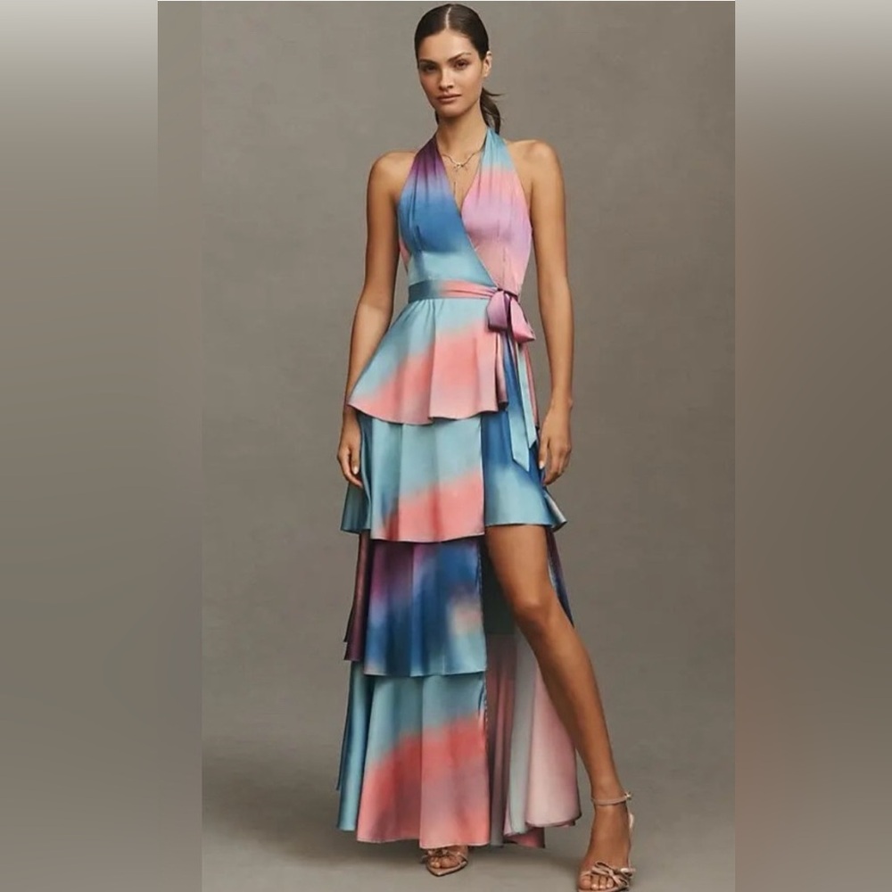 Hutch Ombre Halter High-Low Tiered Dress - Blue & Pink